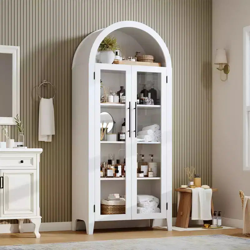 63.2 Zoll gewölbter Küchenschrank, 5-stufiges Regal mit verstellbarem Einlegeboden und 2 großen Glastüren, für Küche, Esszimmer, Wohnzimmer