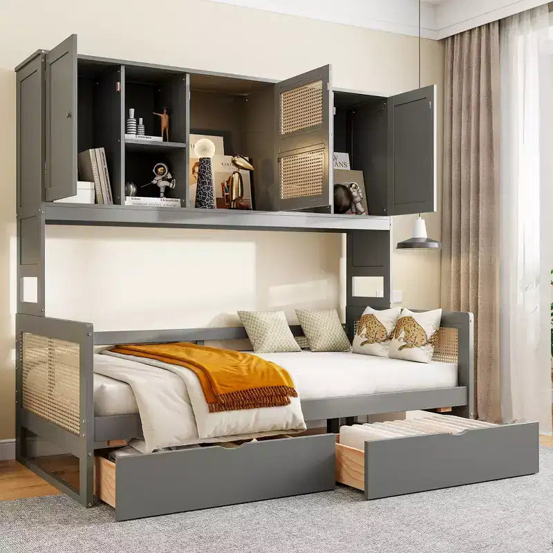 Twin/Full Daybed with and Storage Bookcase, Wooden Day Bed with Storage Cabinets Shelves