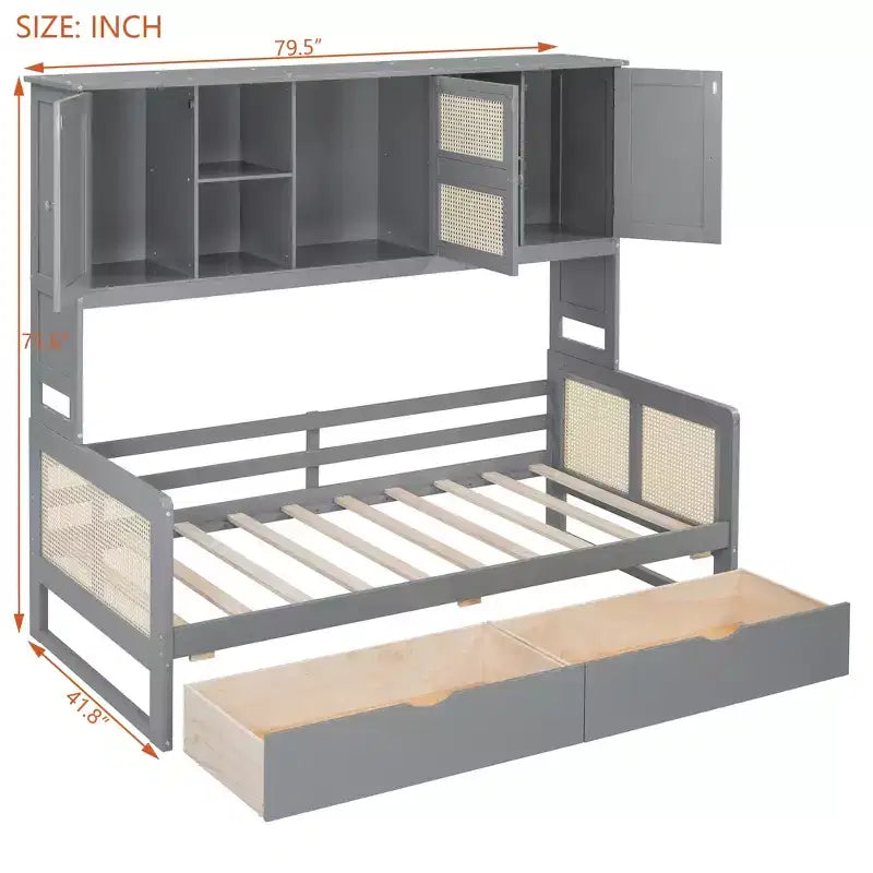 Twin/Full Daybed with and Storage Bookcase, Wooden Day Bed with Storage Cabinets Shelves