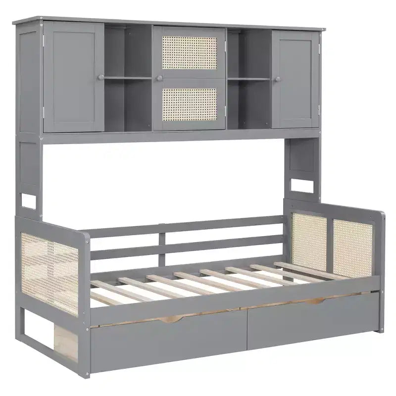 Twin/Full Daybed with and Storage Bookcase, Wooden Day Bed with Storage Cabinets Shelves