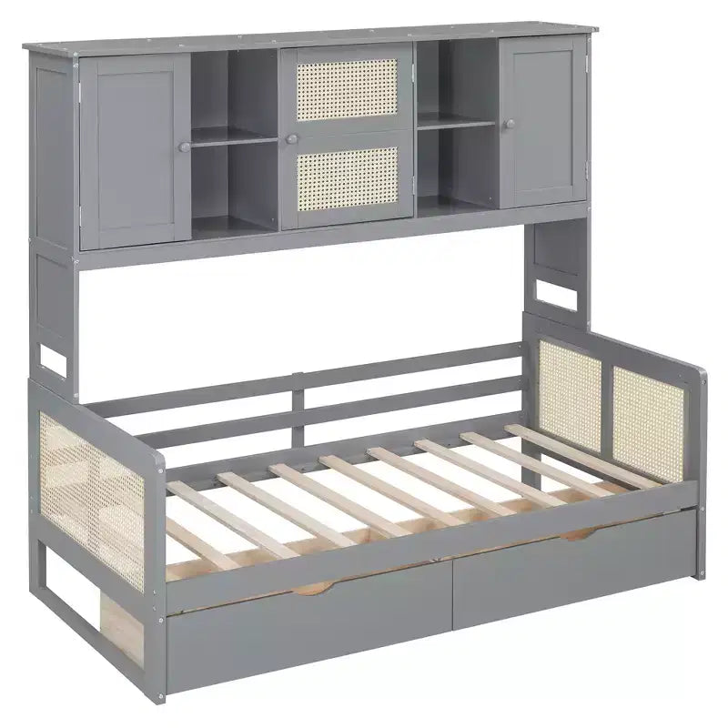Twin/Full Daybed with and Storage Bookcase, Wooden Day Bed with Storage Cabinets Shelves