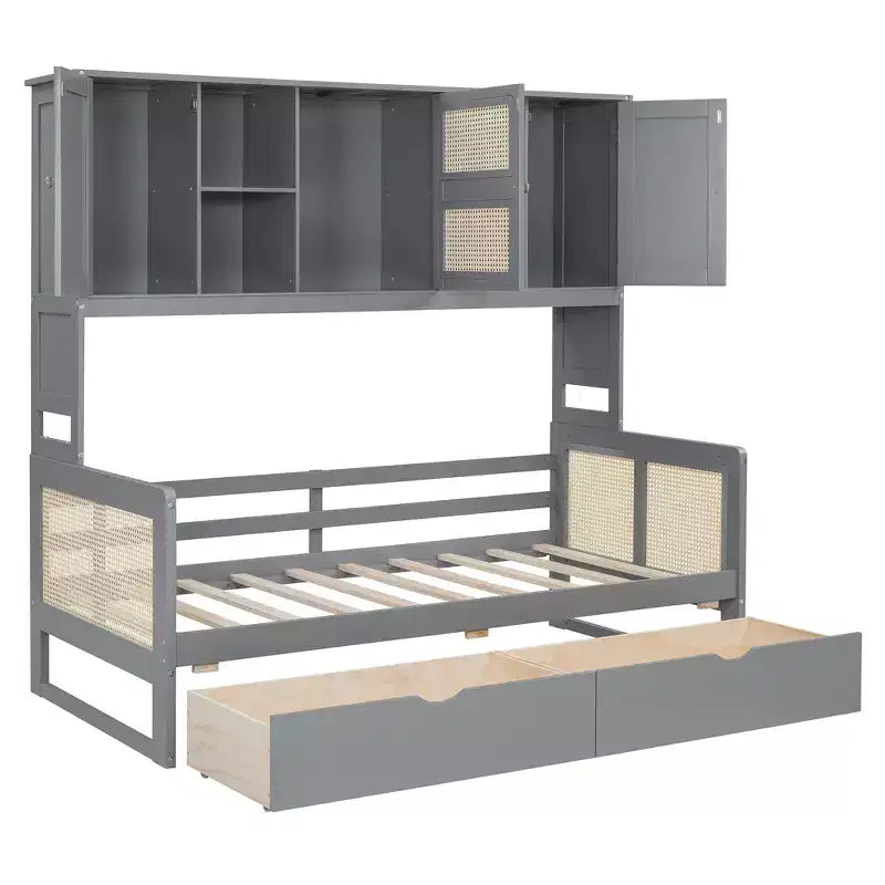 Twin/Full Daybed with and Storage Bookcase, Wooden Day Bed with Storage Cabinets Shelves
