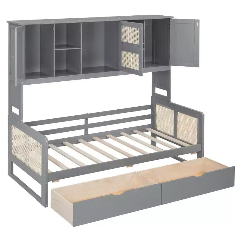 Twin/Full Daybed with and Storage Bookcase, Wooden Day Bed with Storage Cabinets Shelves