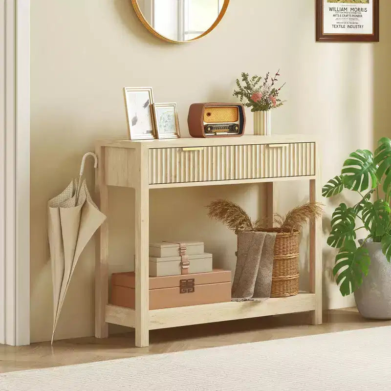 HOMCOM 35 Modern Console Table with Storage, Narrow Hallway Table with Fluted Panel Drawers and Shelf for Living Room, Natural