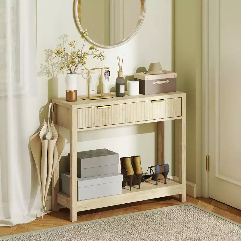 HOMCOM 35 Modern Console Table with Storage, Narrow Hallway Table with Fluted Panel Drawers and Shelf for Living Room, Natural