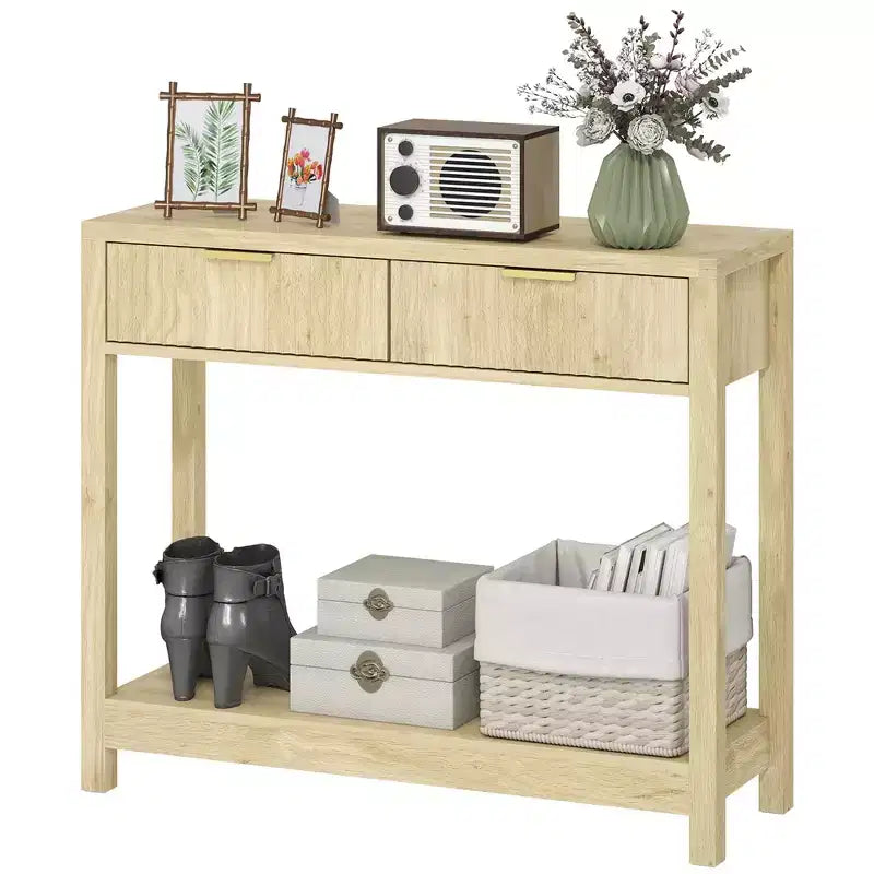 HOMCOM 35 Modern Console Table with Storage, Narrow Hallway Table with Fluted Panel Drawers and Shelf for Living Room, Natural