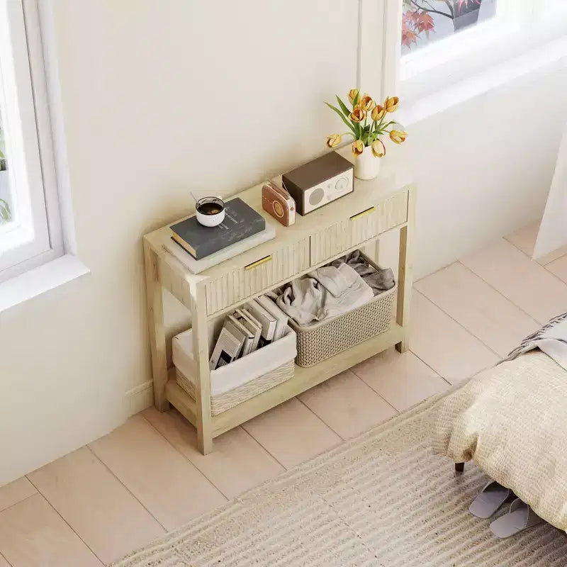 HOMCOM 35 Modern Console Table with Storage, Narrow Hallway Table with Fluted Panel Drawers and Shelf for Living Room, Natural