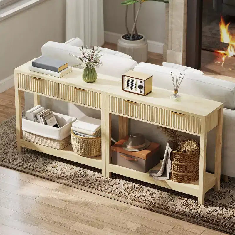 HOMCOM 35 Modern Console Table with Storage, Narrow Hallway Table with Fluted Panel Drawers and Shelf for Living Room, Natural