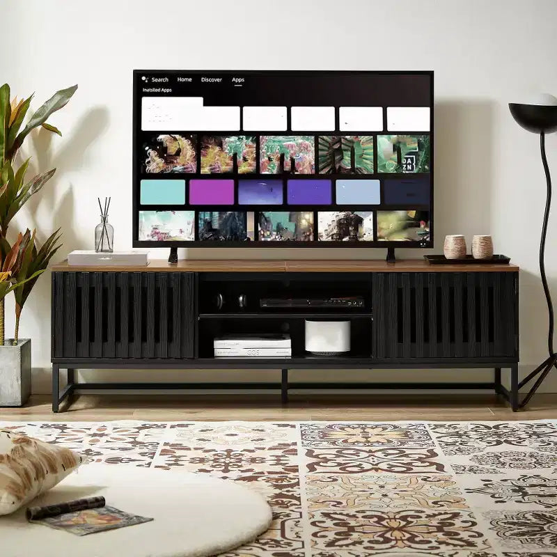 63-inch Mid-Temperature Modern TV Stand | Slatted Grille Doors with Storage Ideal for Living Room, Bedroom, and Entertainment Center