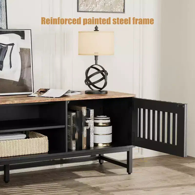 63-inch Mid-Temperature Modern TV Stand | Slatted Grille Doors with Storage Ideal for Living Room, Bedroom, and Entertainment Center
