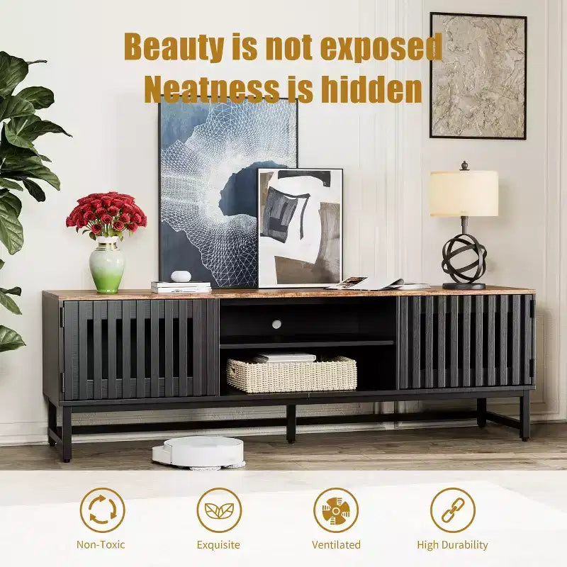 63-inch Mid-Temperature Modern TV Stand | Slatted Grille Doors with Storage Ideal for Living Room, Bedroom, and Entertainment Center