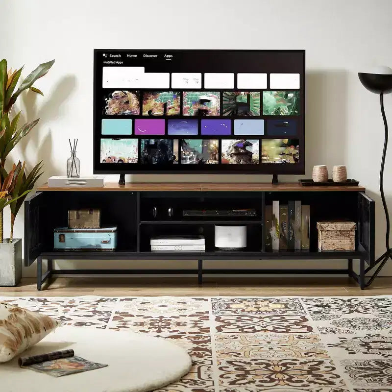 63-inch Mid-Temperature Modern TV Stand | Slatted Grille Doors with Storage Ideal for Living Room, Bedroom, and Entertainment Center