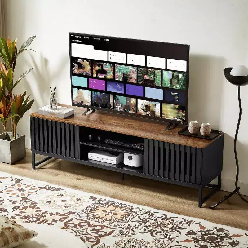 63-inch Mid-Temperature Modern TV Stand | Slatted Grille Doors with Storage Ideal for Living Room, Bedroom, and Entertainment Center