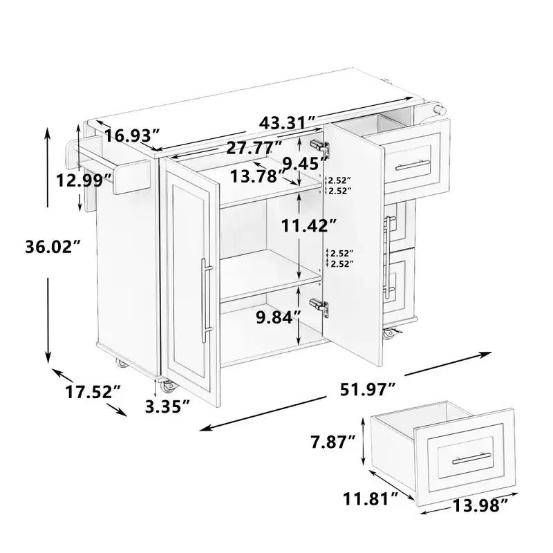 Okak Modrn Kitchen Island with Drop-Leaf Countertop & Drawers,Mobile Rolling Kitchen Cart with Racks,Storage Cabinet Folding Dining Table