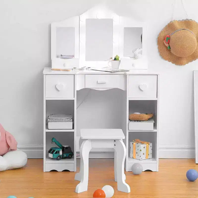Vanity Set with Mirror, 2 in-1 Wooden Toddler Vanity Table with Stool & Drawer