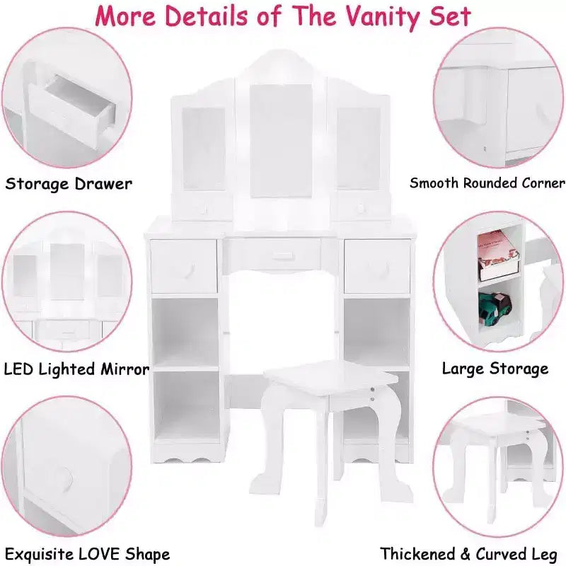 Vanity Set with Mirror, 2 in-1 Wooden Toddler Vanity Table with Stool & Drawer