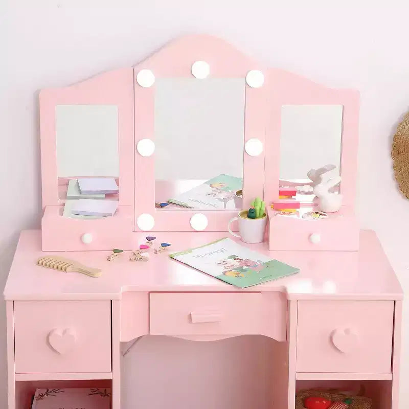 Vanity Set with Mirror, 2 in-1 Wooden Toddler Vanity Table with Stool & Drawer