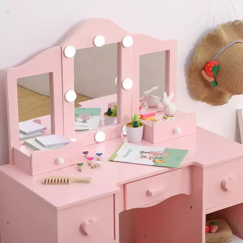 Vanity Set with Mirror, 2 in-1 Wooden Toddler Vanity Table with Stool & Drawer