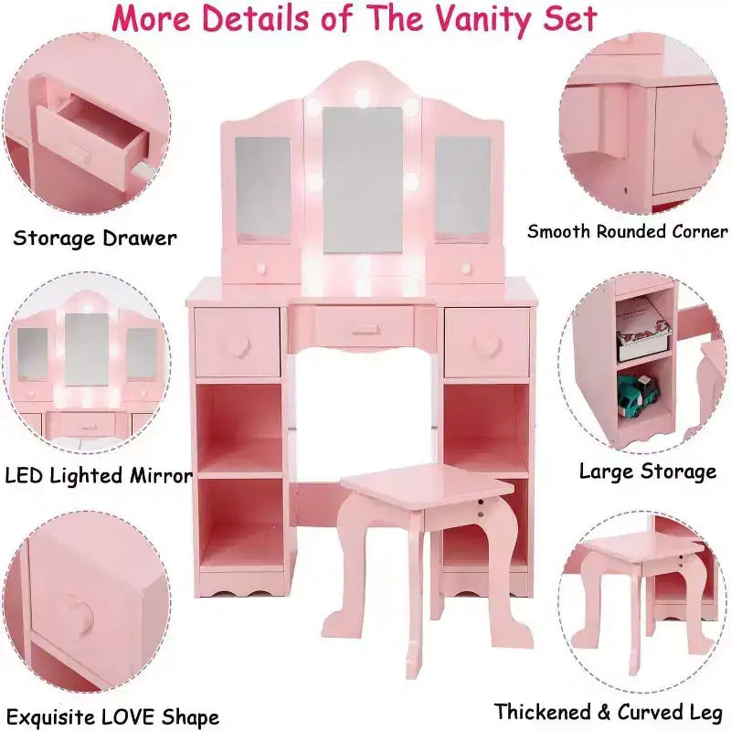 Vanity Set with Mirror, 2 in-1 Wooden Toddler Vanity Table with Stool & Drawer