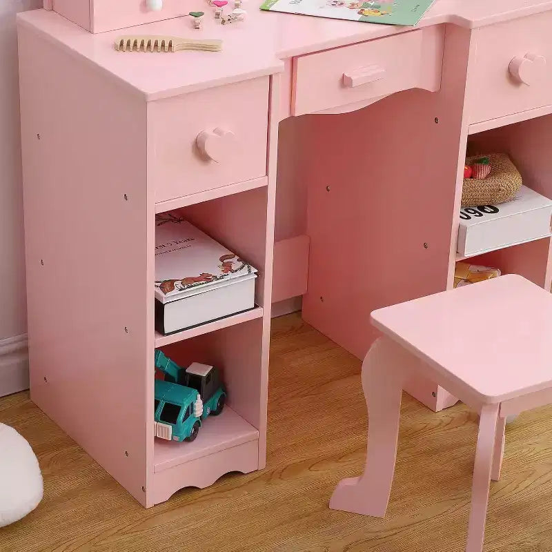 Vanity Set with Mirror, 2 in-1 Wooden Toddler Vanity Table with Stool & Drawer
