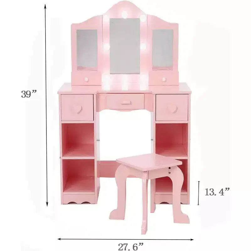 Vanity Set with Mirror, 2 in-1 Wooden Toddler Vanity Table with Stool & Drawer
