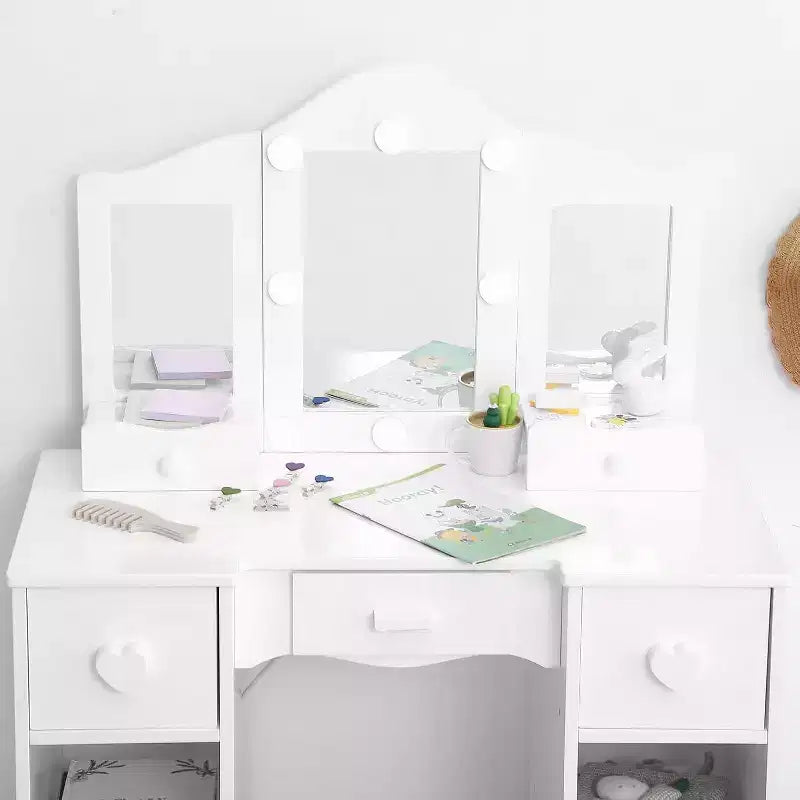 Vanity Set with Mirror, 2 in-1 Wooden Toddler Vanity Table with Stool & Drawer