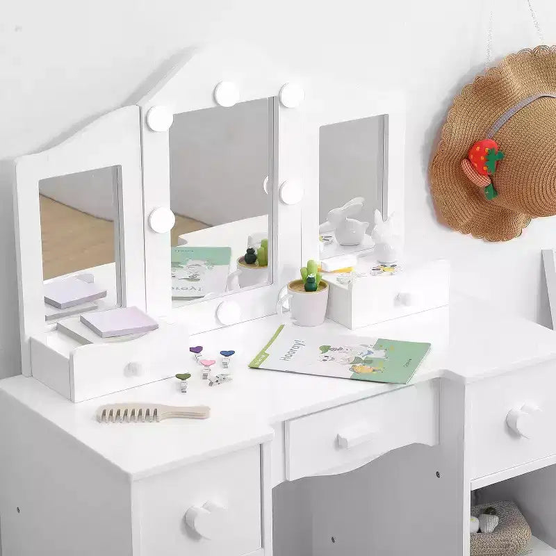 Vanity Set with Mirror, 2 in-1 Wooden Toddler Vanity Table with Stool & Drawer