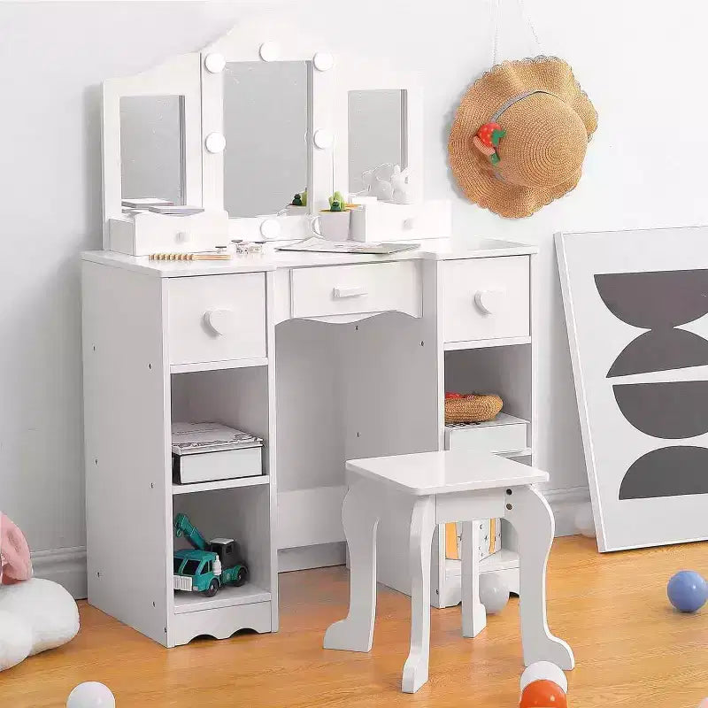 Vanity Set with Mirror, 2 in-1 Wooden Toddler Vanity Table with Stool & Drawer