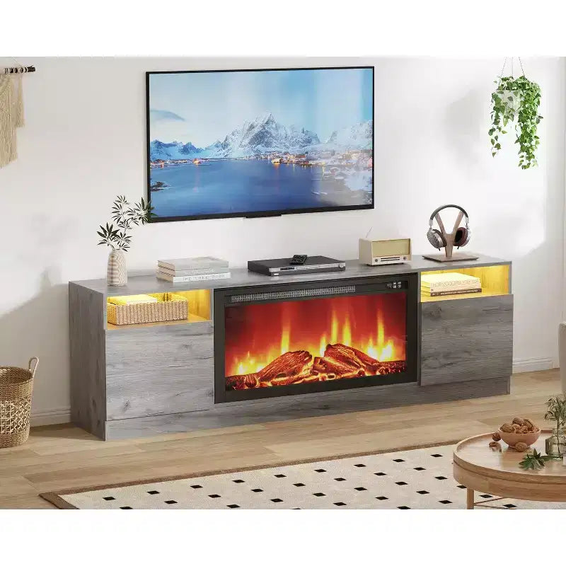 Modern TV stand with LED lighting, featuring storage cabinets and shelves, suitable for bedrooms and living rooms.