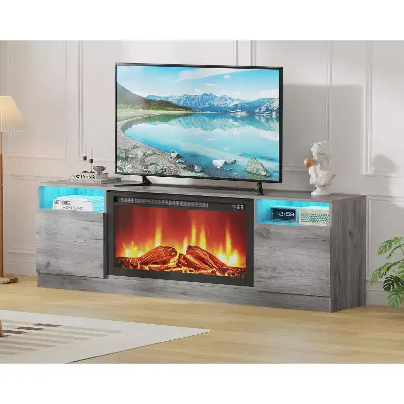 Modern TV stand with LED lighting, featuring storage cabinets and shelves, suitable for bedrooms and living rooms.