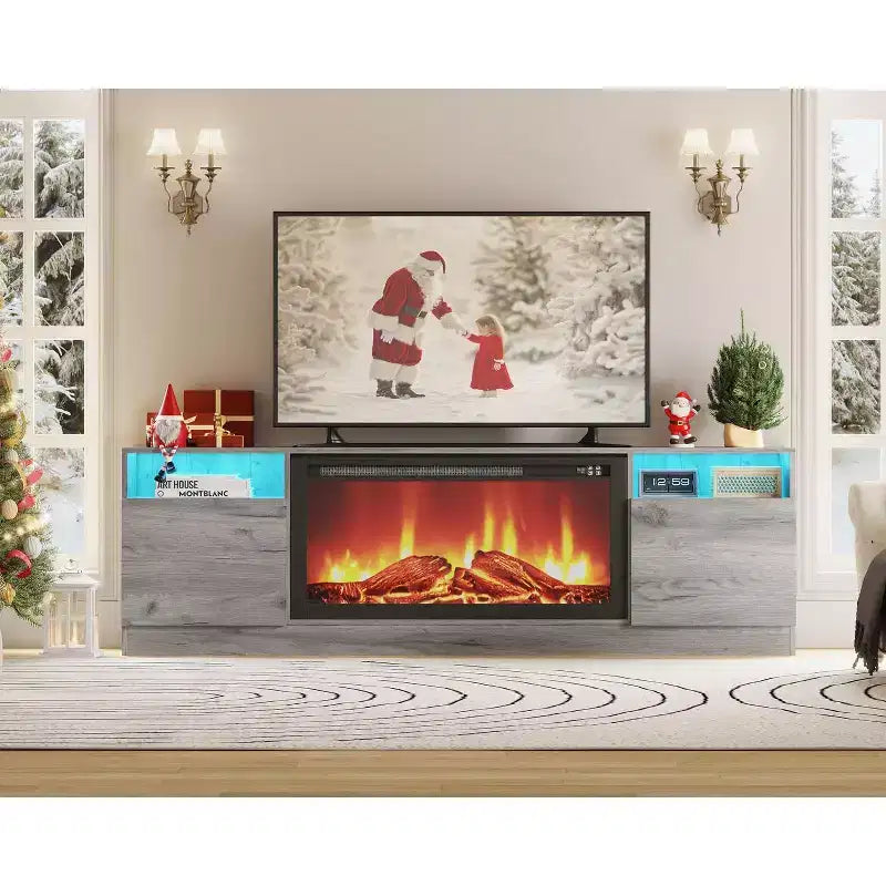 Modern TV stand with LED lighting, featuring storage cabinets and shelves, suitable for bedrooms and living rooms.