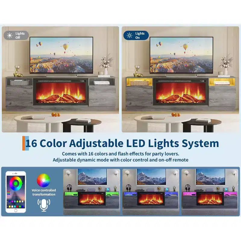 Modern TV stand with LED lighting, featuring storage cabinets and shelves, suitable for bedrooms and living rooms.