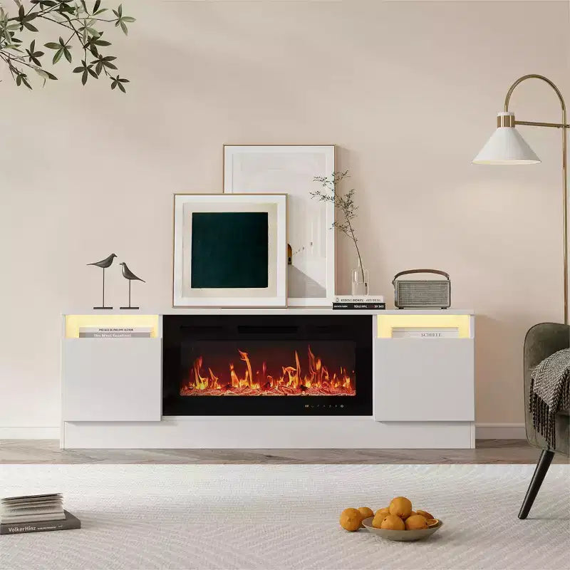 Modern TV stand with LED lighting, featuring storage cabinets and shelves, suitable for bedrooms and living rooms.