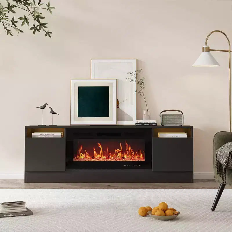 Modern TV stand with LED lighting, featuring storage cabinets and shelves, suitable for bedrooms and living rooms.