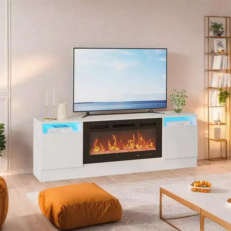 Modern TV stand with LED lighting, featuring storage cabinets and shelves, suitable for bedrooms and living rooms.