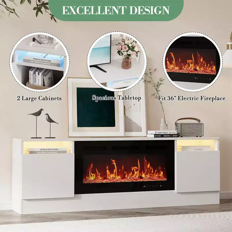 Modern TV stand with LED lighting, featuring storage cabinets and shelves, suitable for bedrooms and living rooms.