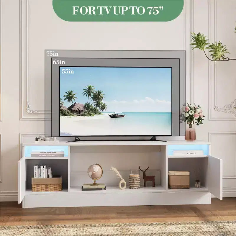 Modern TV stand with LED lighting, featuring storage cabinets and shelves, suitable for bedrooms and living rooms.