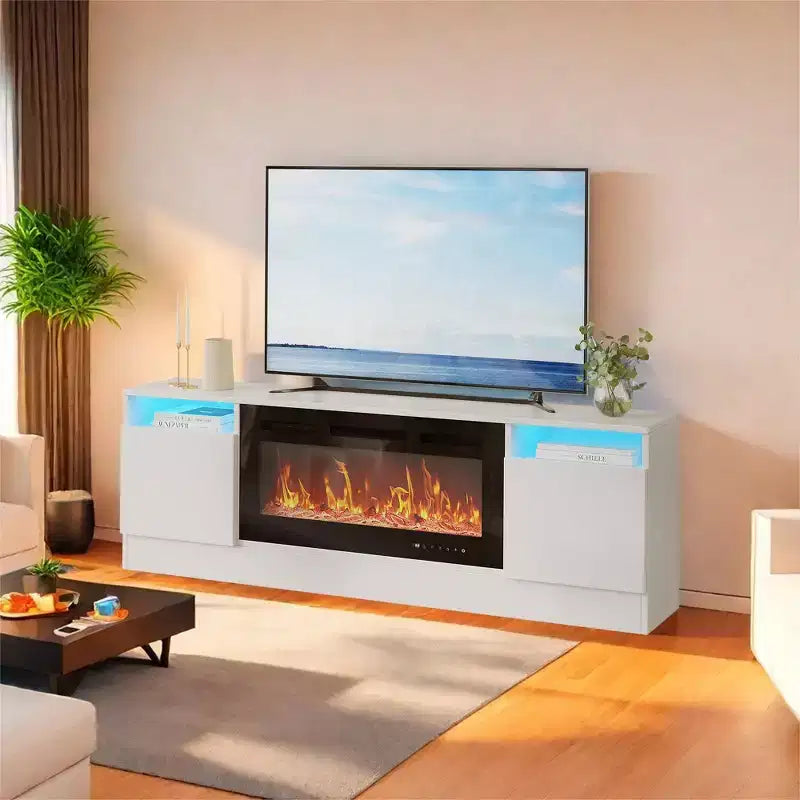 Modern TV stand with LED lighting, featuring storage cabinets and shelves, suitable for bedrooms and living rooms.