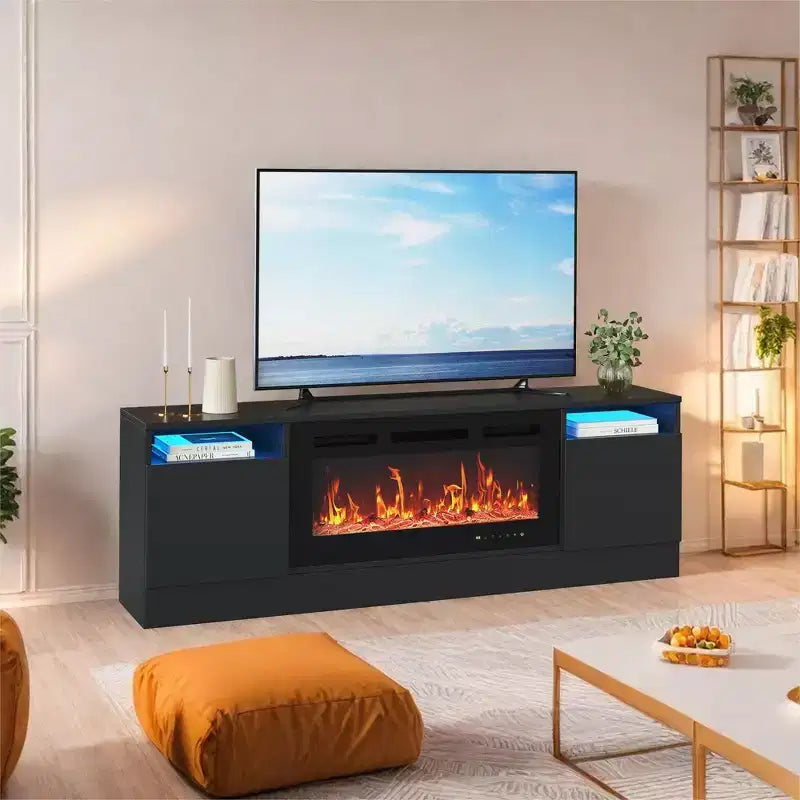 Modern TV stand with LED lighting, featuring storage cabinets and shelves, suitable for bedrooms and living rooms.