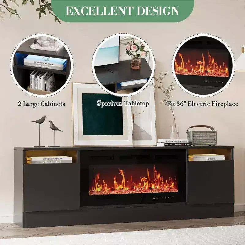 Modern TV stand with LED lighting, featuring storage cabinets and shelves, suitable for bedrooms and living rooms.