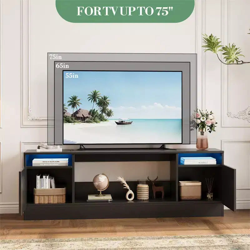 Modern TV stand with LED lighting, featuring storage cabinets and shelves, suitable for bedrooms and living rooms.