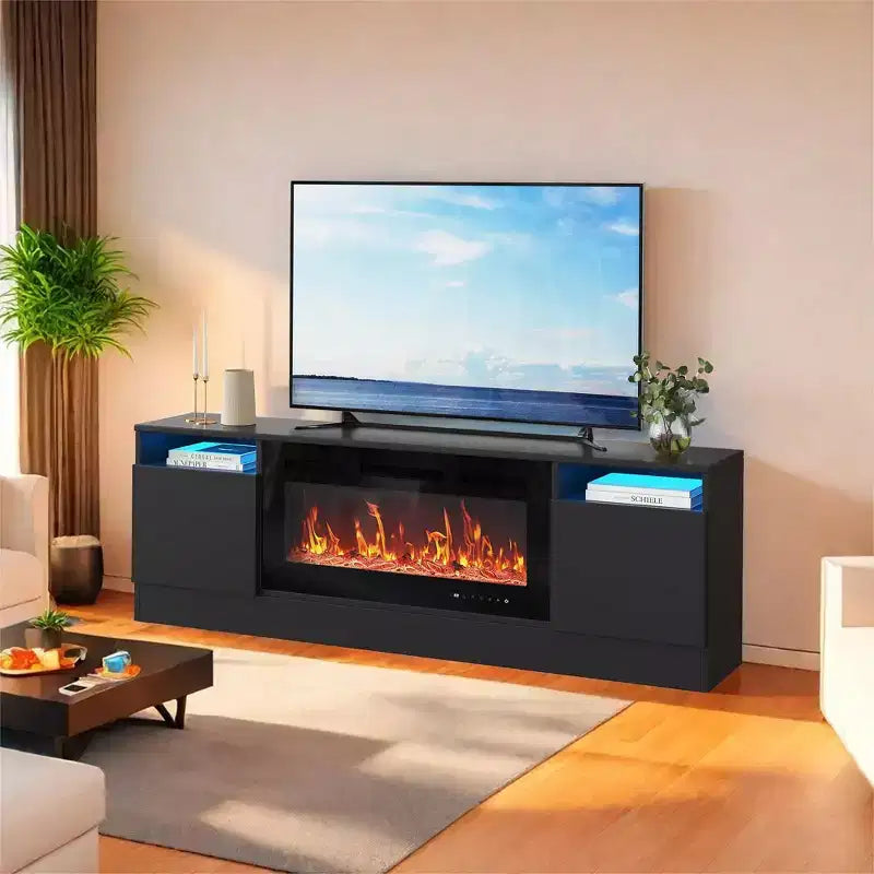 Modern TV stand with LED lighting, featuring storage cabinets and shelves, suitable for bedrooms and living rooms.
