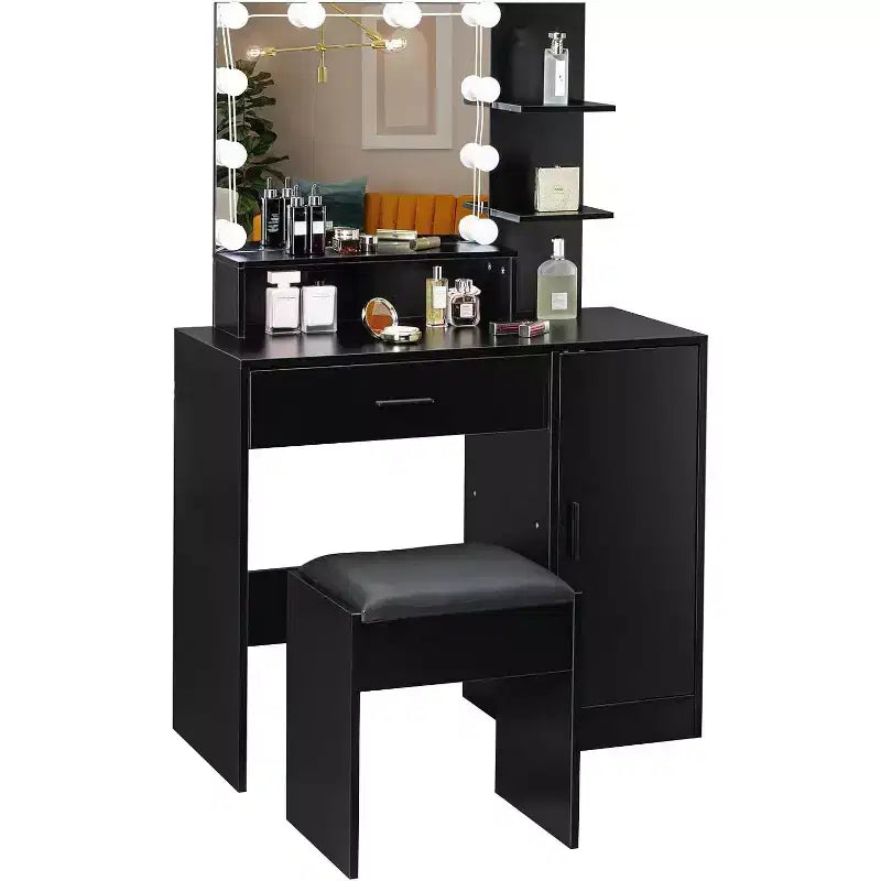 VINGLI Vanity Desk with Mirror and Lights, Makeup Vanity with Drawers and Stool for Bedroom, Black