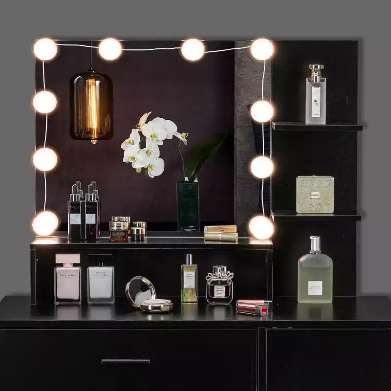 VINGLI Vanity Desk with Mirror and Lights, Makeup Vanity with Drawers and Stool for Bedroom, Black