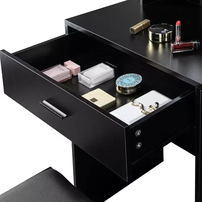 VINGLI Vanity Desk with Mirror and Lights, Makeup Vanity with Drawers and Stool for Bedroom, Black