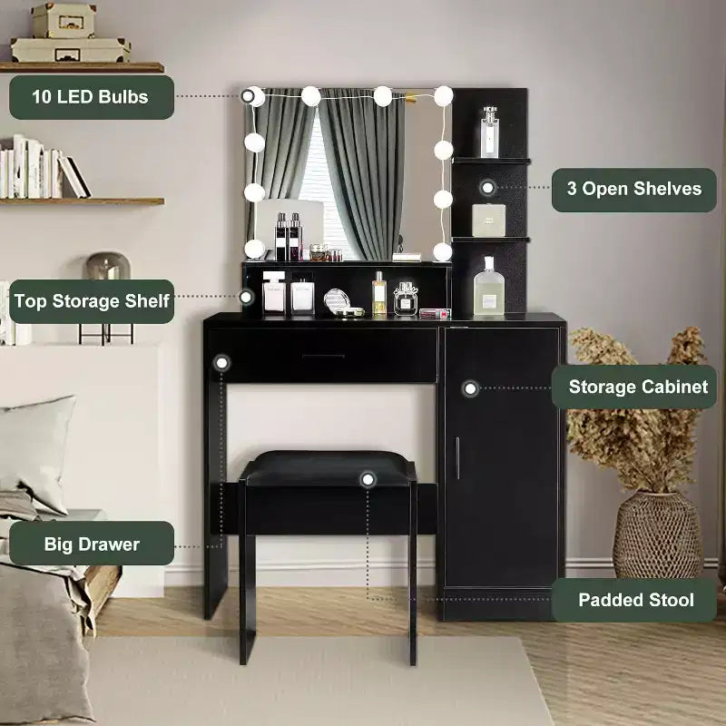 VINGLI Vanity Desk with Mirror and Lights, Makeup Vanity with Drawers and Stool for Bedroom, Black