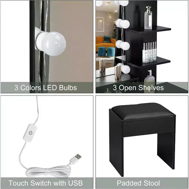 VINGLI Vanity Desk with Mirror and Lights, Makeup Vanity with Drawers and Stool for Bedroom, Black