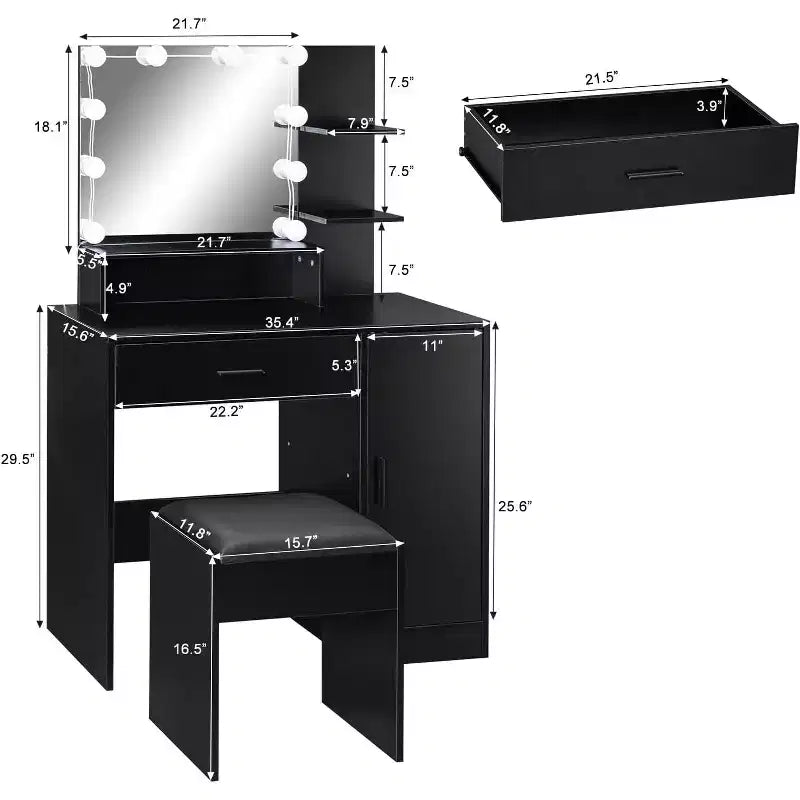 VINGLI Vanity Desk with Mirror and Lights, Makeup Vanity with Drawers and Stool for Bedroom, Black