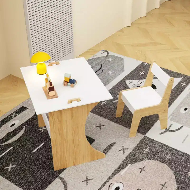 Whisen Kids Table Set with One Chair, Multifunctional Wooden Children Study Table-Convertible Tabletop - White