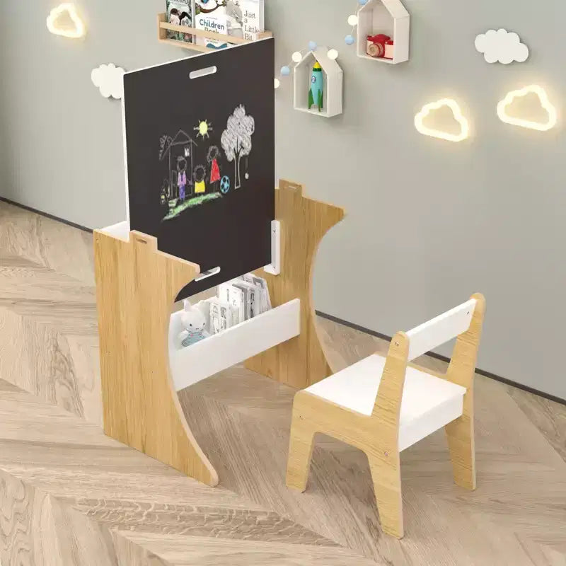 Whisen Kids Table Set with One Chair, Multifunctional Wooden Children Study Table-Convertible Tabletop - White